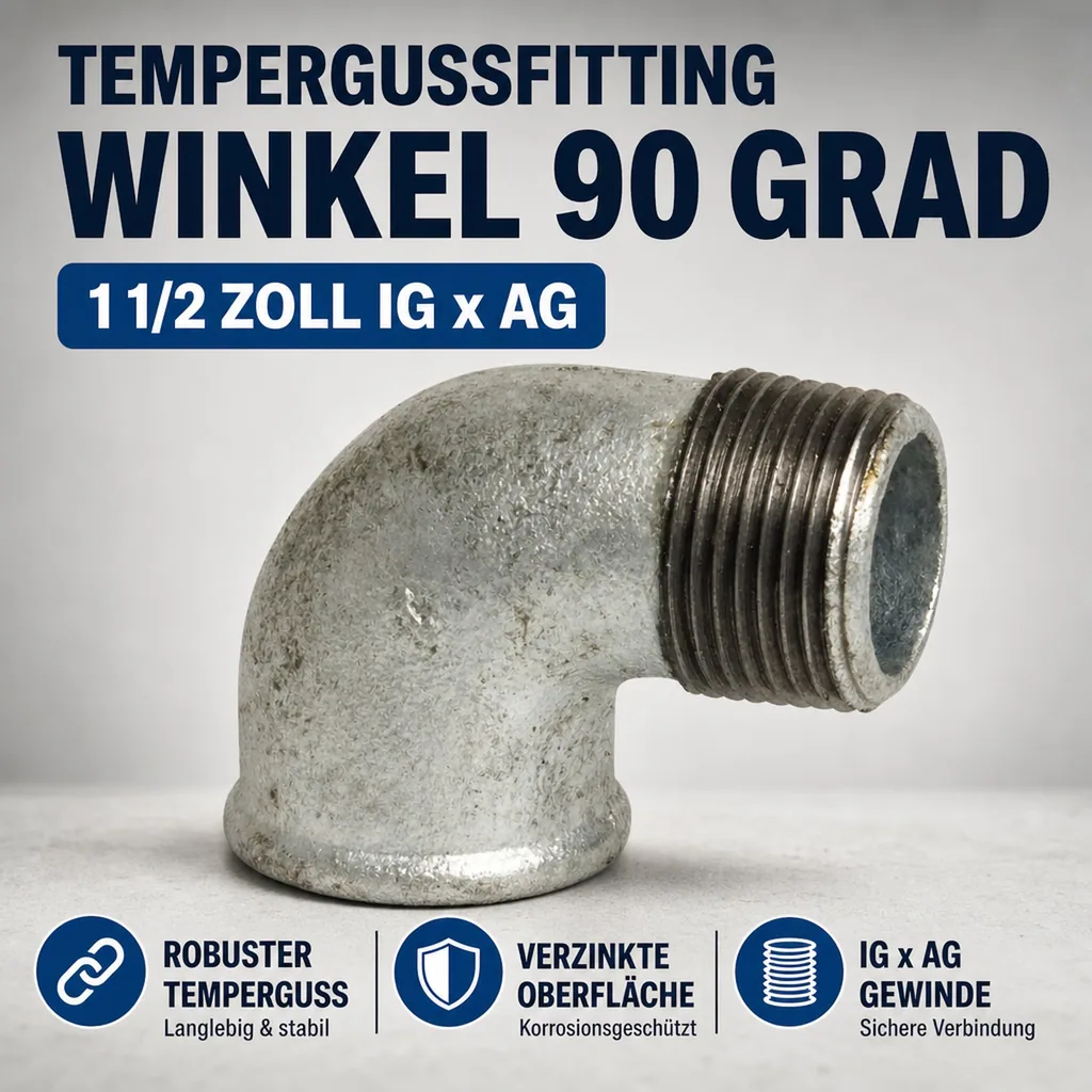 Tempergussfitting, Gewindefitting, Winkel 90 Grad, 1 1/2 Zoll IG x AG