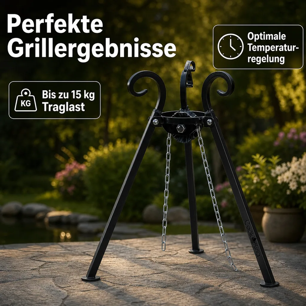 Schwenkgrill Set, Dreibein Grill mit Edelstahlrost, 60cm Kurbelgrill