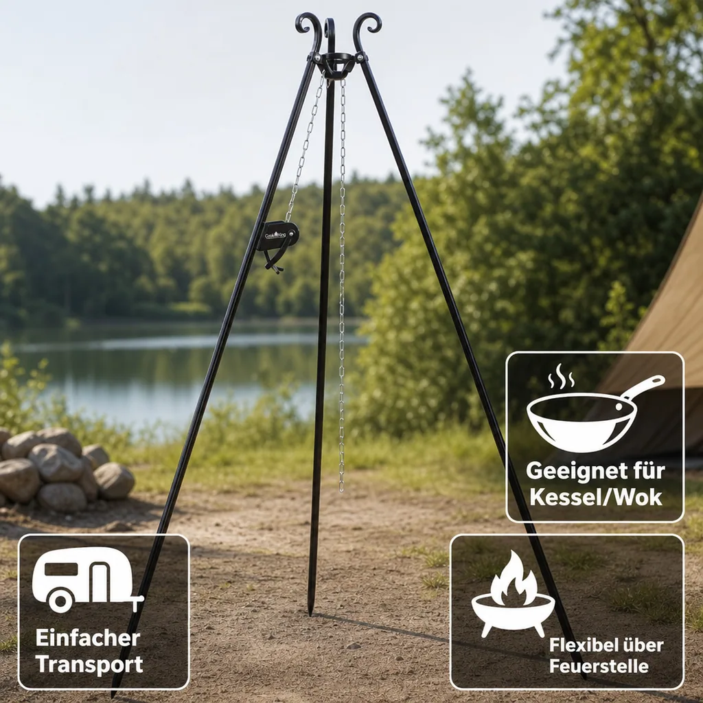 Schwenkgrill Set, Dreibein Grill mit Edelstahlrost, 60cm Kurbelgrill