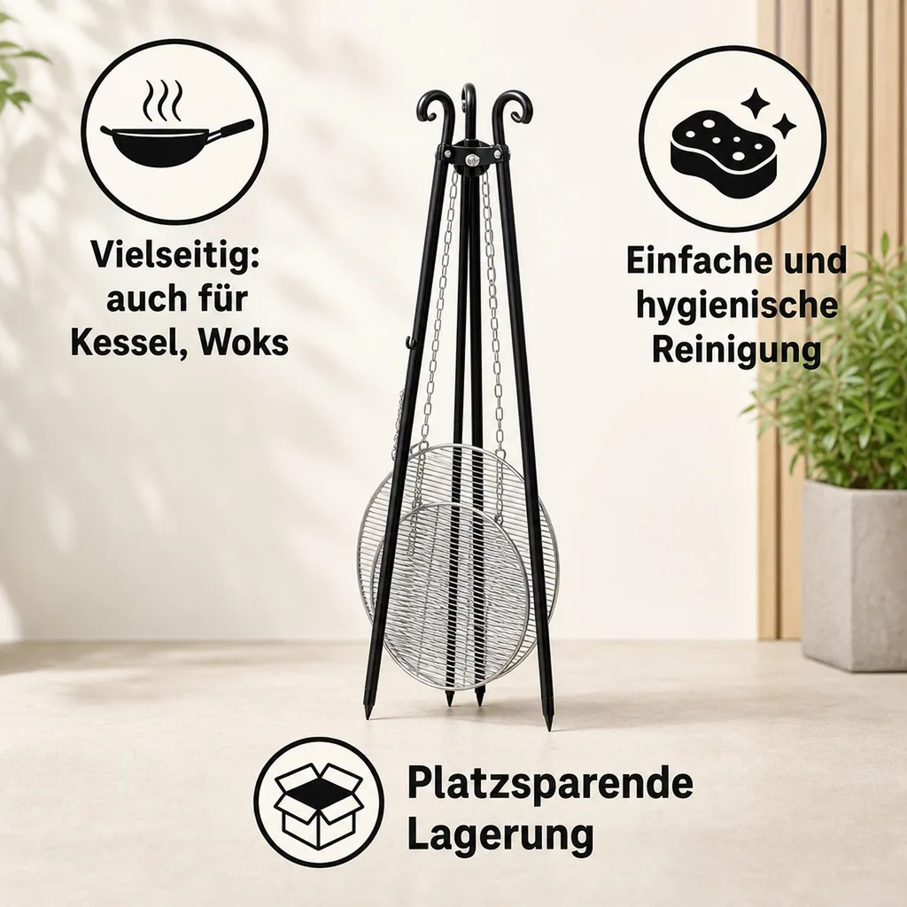Schwenkgrill, Dreibein Grill, Edelstahl Grillrost, Schwenkgrill Set, 180cm
