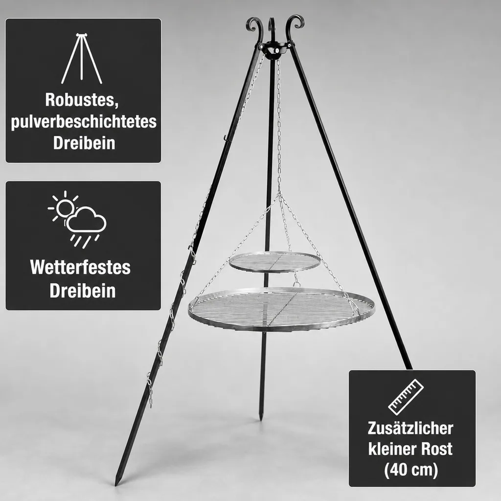 Schwenkgrill, Dreibein Grill, Edelstahl Grillrost, Schwenkgrill Set, 180cm
