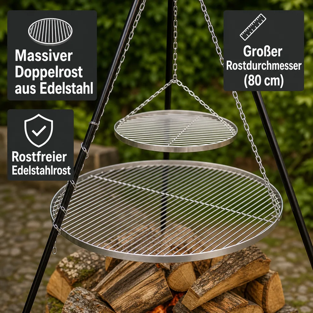 Schwenkgrill, Dreibein Grill, Edelstahl Grillrost, Schwenkgrill Set, 180cm
