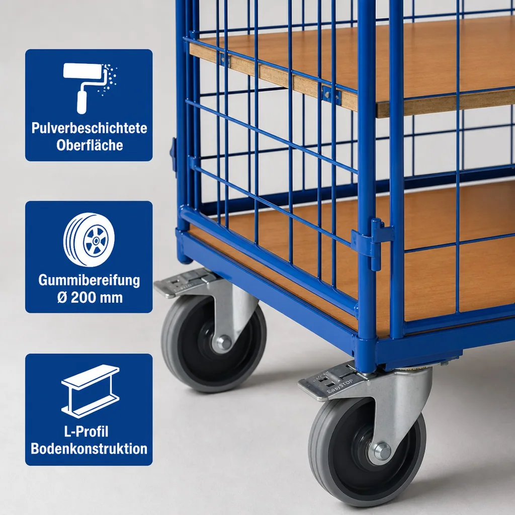 Vierwandwagen mit 3 Böden, XL, 500kg Traglast, EasySTOP