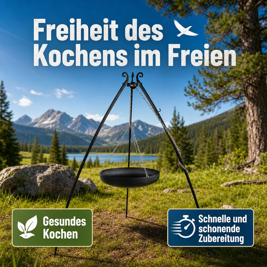 Dreibein Kochstelle, Feuerstelle mit Dreibein, Outdoor Wok 70 cm, Stahl Wok