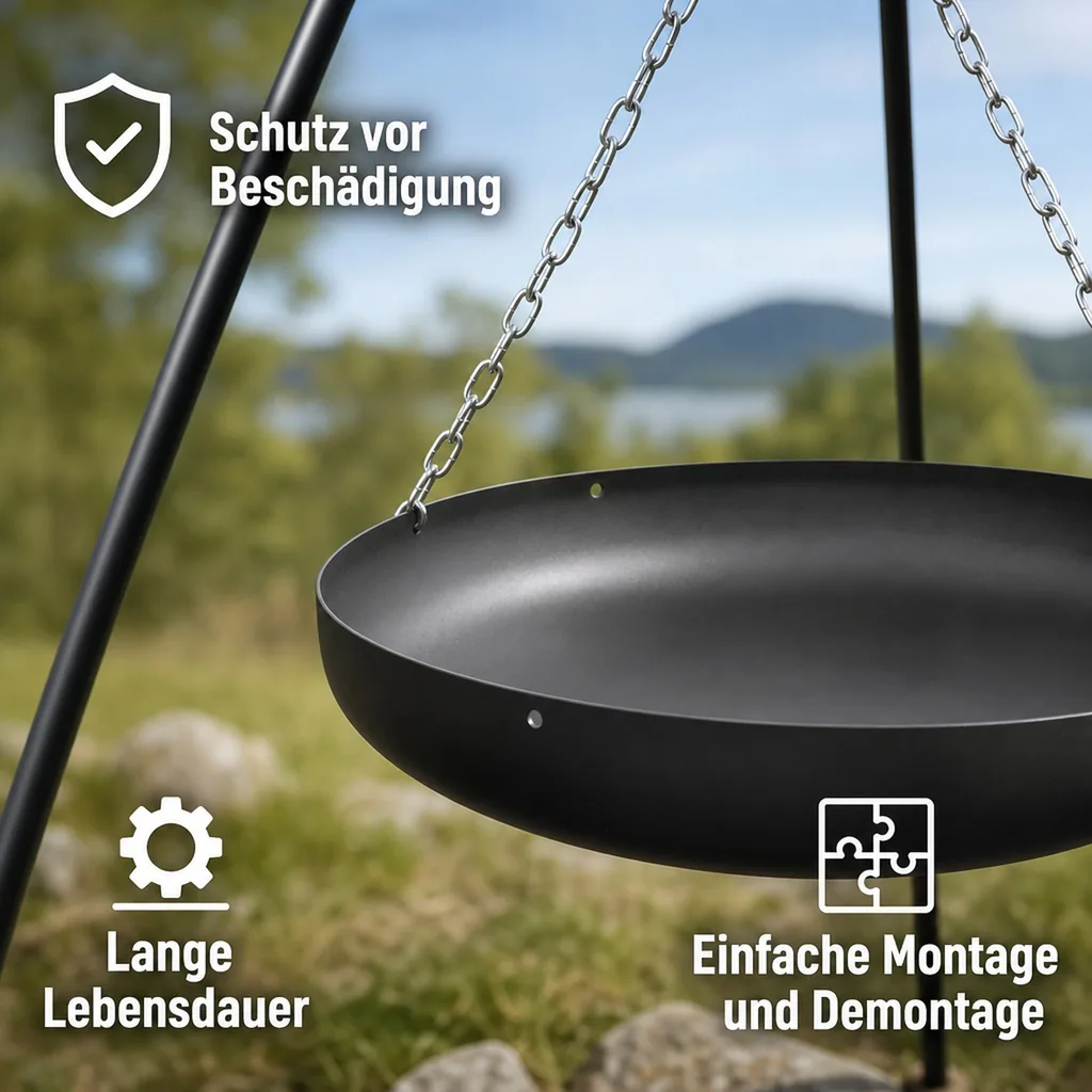 Dreibein Kochstelle, Feuerstelle mit Dreibein, Outdoor Wok 70 cm, Stahl Wok