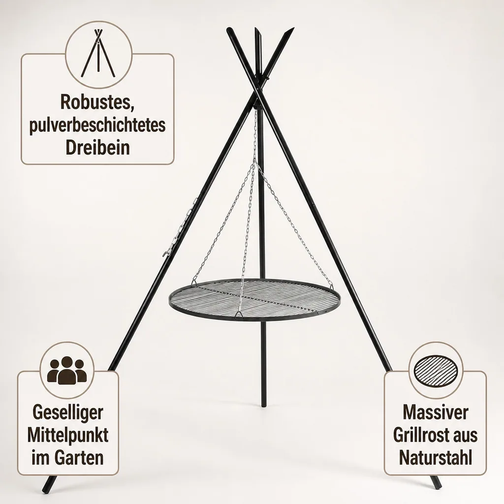 Schwenkgrill Dreibein Grill 210cm, Grillrost 50cm, Gartengrill, Naturstahl