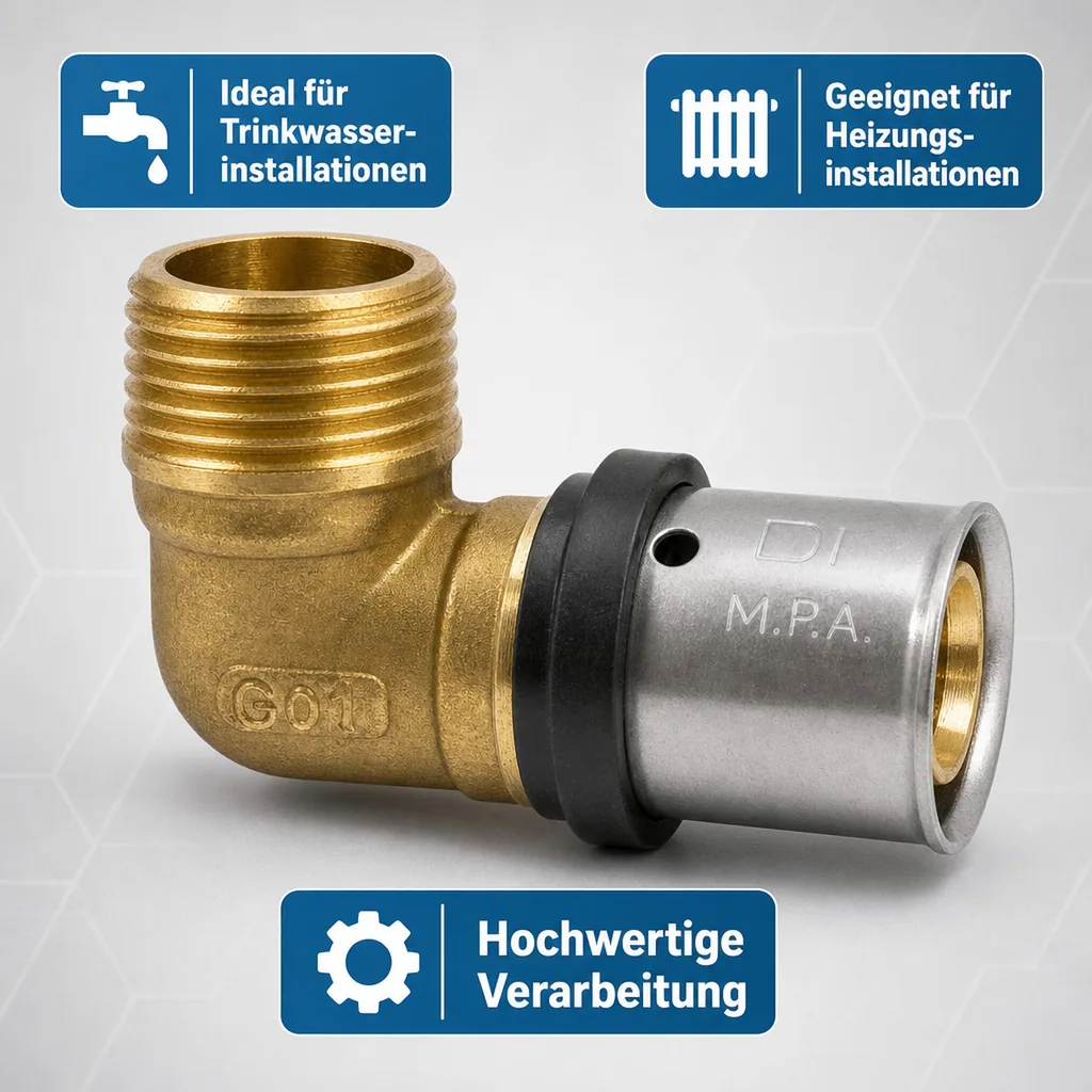 Pressfitting, Übergangswinkel 26 x 3, 3/4 Zoll AG, Winkel