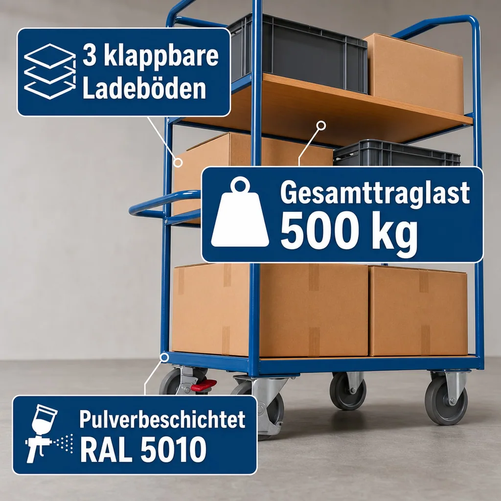 Etagenwagen hoch mit 3 klappbaren Böden Typ M + EasySTOP