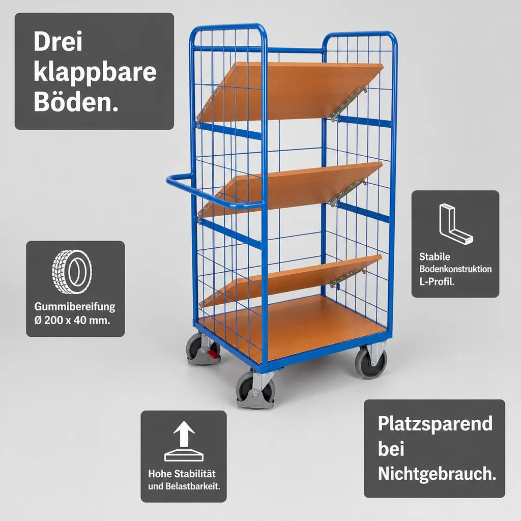 Etagenwagen, klappbarer Wagen, 3 Böden, EasySTOP, 500kg Traglast