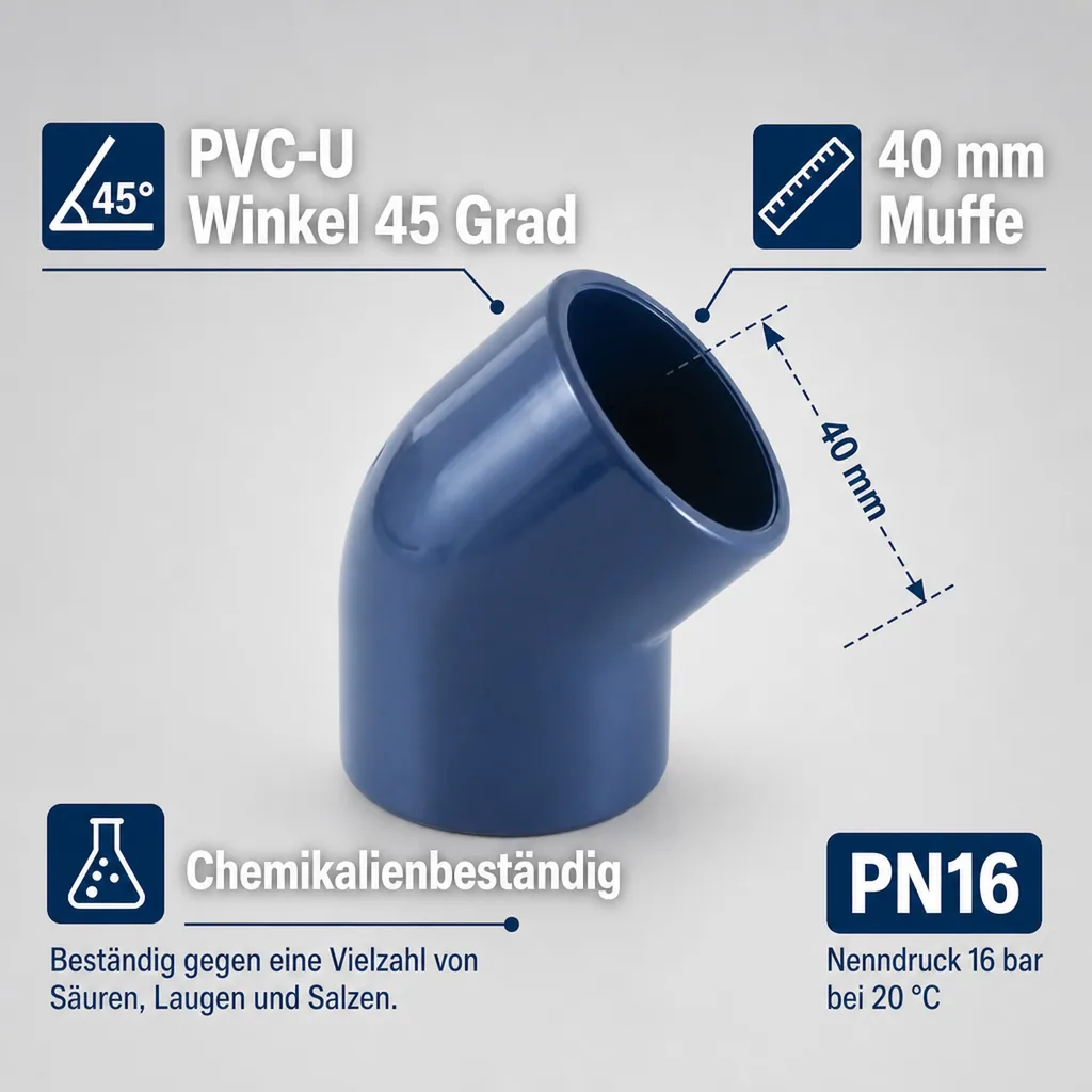 PVC Winkel 45 Grad, 40mm Muffe, PN16 Klebefitting