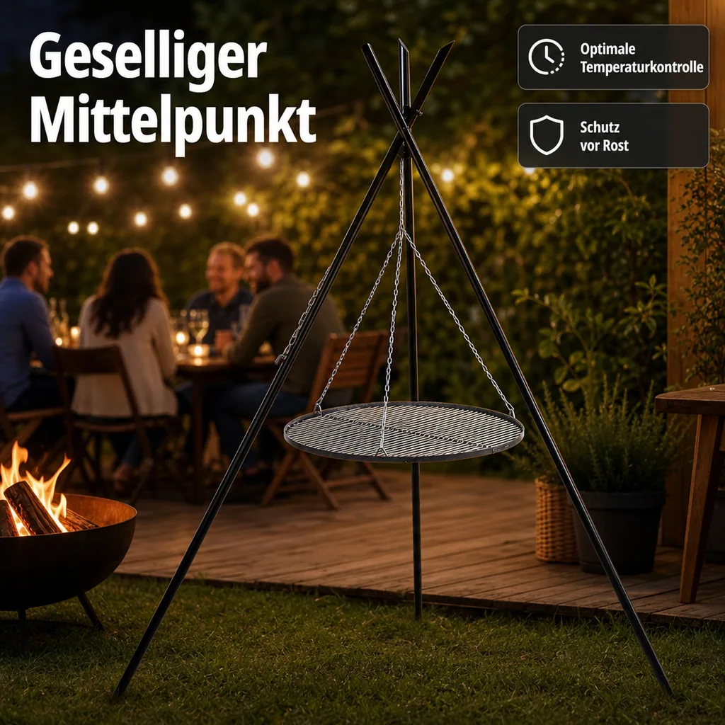 Schwenkgrill, Dreibein Grill 210 cm, Edelstahl Grillrost 60 cm, Gartengrill