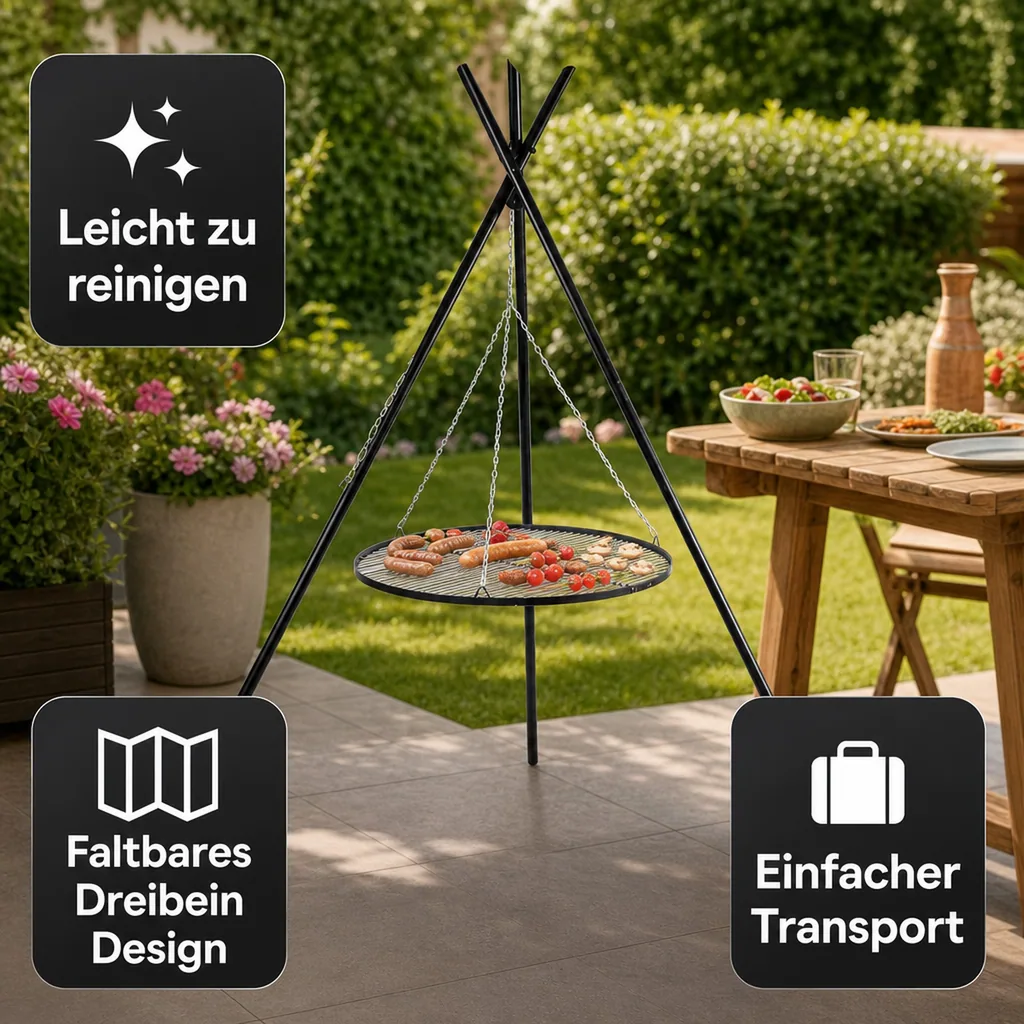 Schwenkgrill, Dreibein Grill 210 cm, Edelstahl Grillrost 60 cm, Gartengrill