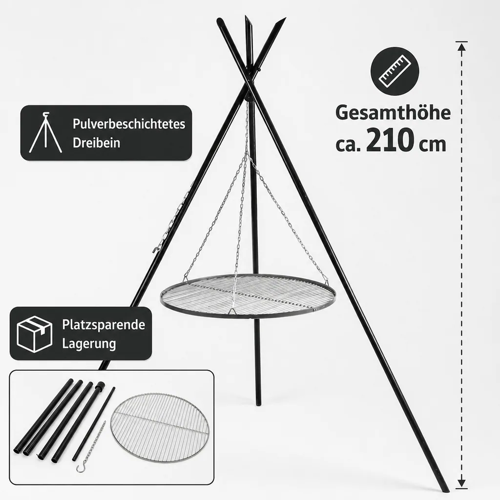 Schwenkgrill, Dreibein Grill 210 cm, Edelstahl Grillrost 60 cm, Gartengrill
