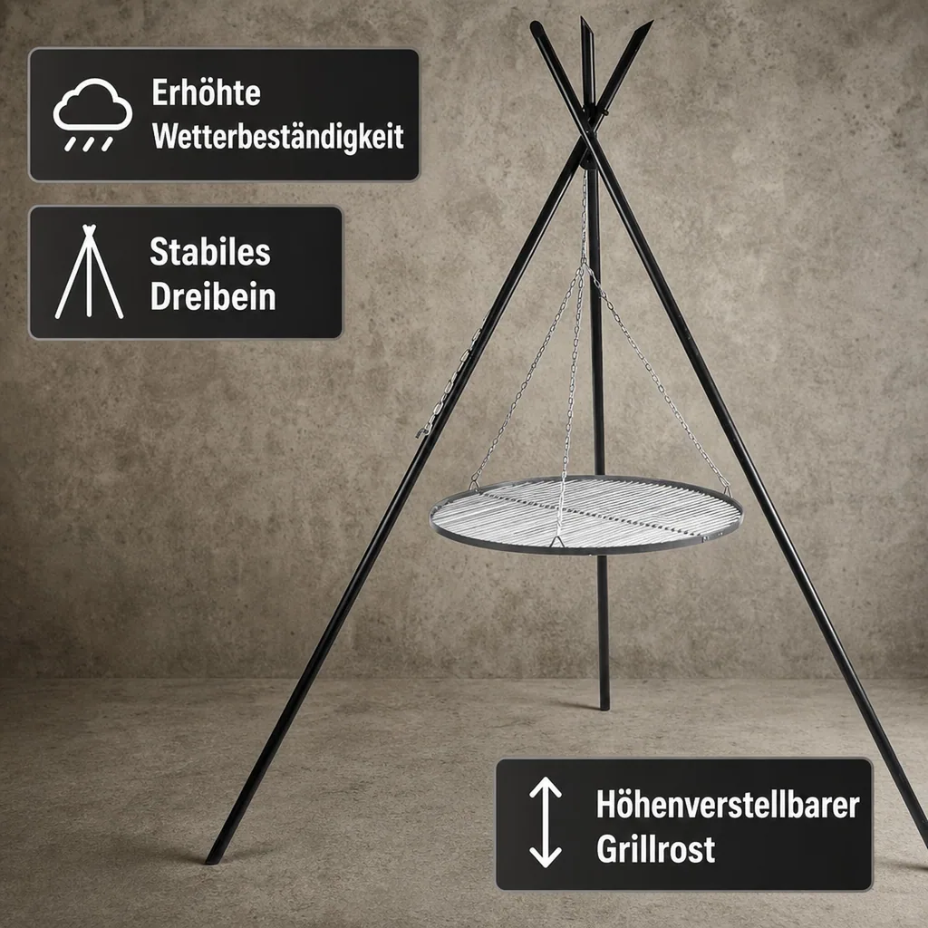 Schwenkgrill, Dreibein Grill 210 cm, Edelstahl Grillrost 60 cm, Gartengrill
