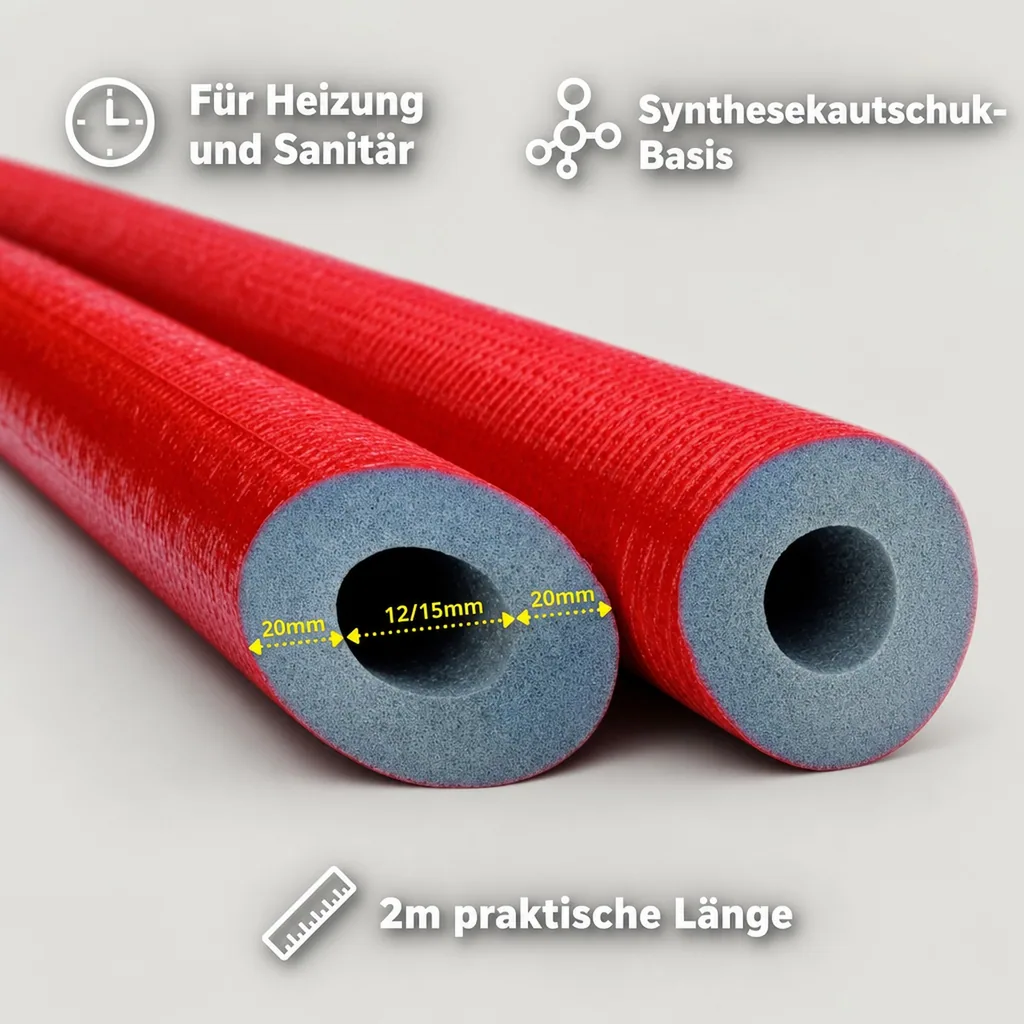 Rohrisolierung 15mm, Heizungsrohr Isolierung, Dämmung 20mm, 2m