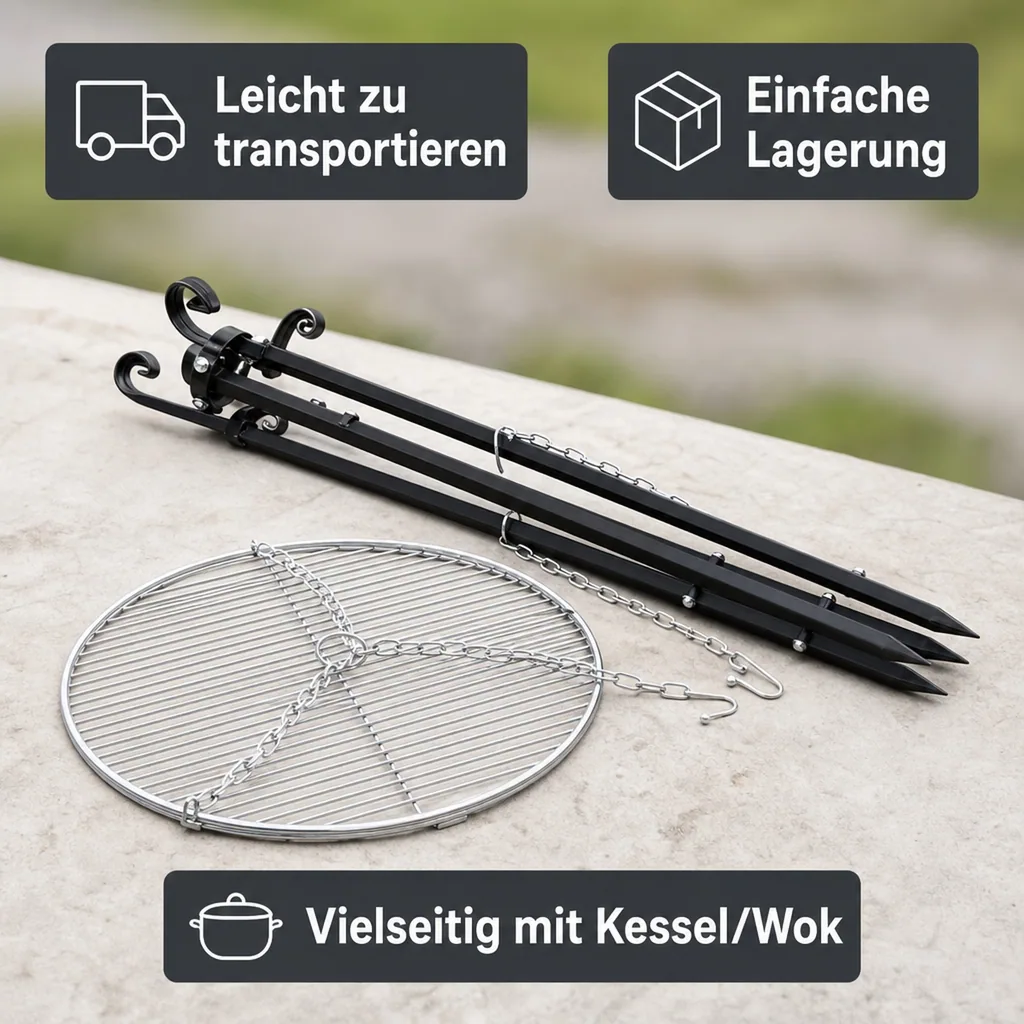 Schwenkgrill, Dreibein, Grillrost 50 cm, 180 cm