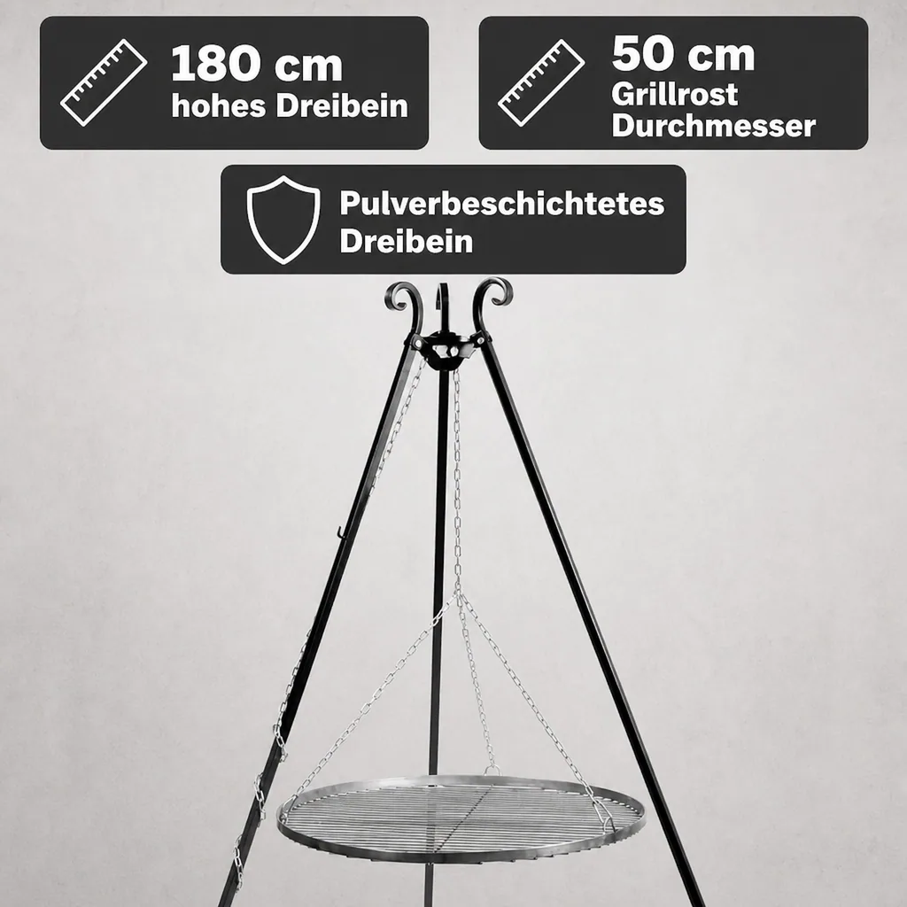 Schwenkgrill, Dreibein, Grillrost 50 cm, 180 cm
