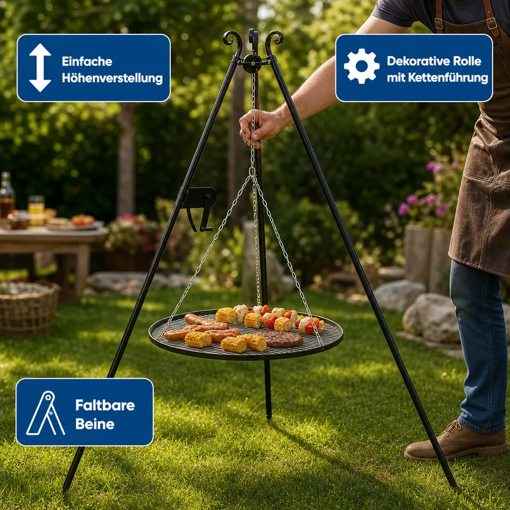Schwenkgrill, Dreibein, Grillrost 50 cm, 180 cm