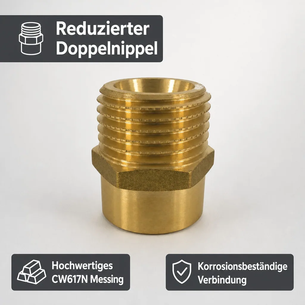 Messingfitting, Doppelnippel reduziert, Gewindefitting 3/4 Zoll x 1 Zoll