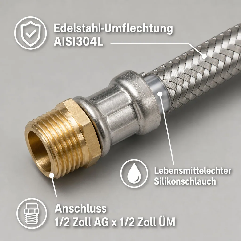 Panzerschlauch 1/2 Zoll, Edelstahl, Flexschlauch DVGW, 300mm