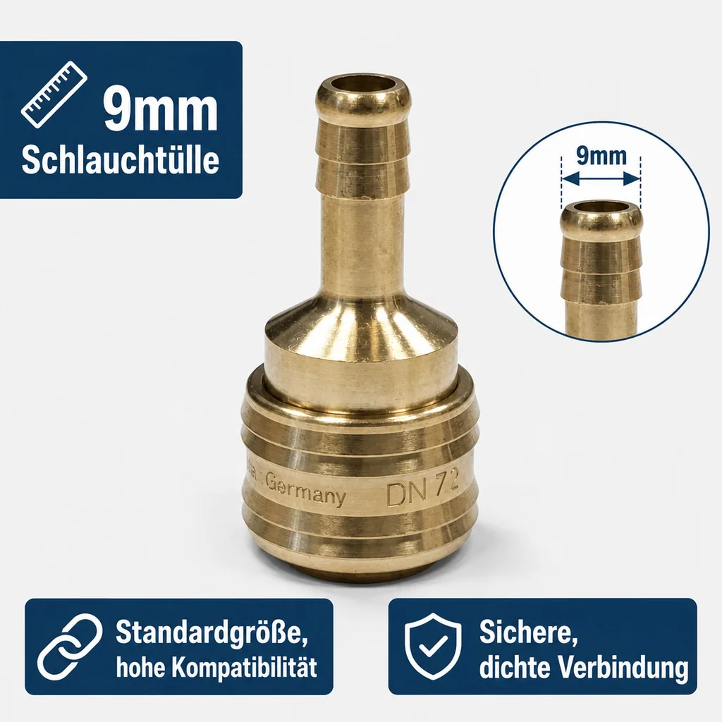 Druckluftkupplung, Kupplungsdose Druckluft, 9mm Schlauchtülle