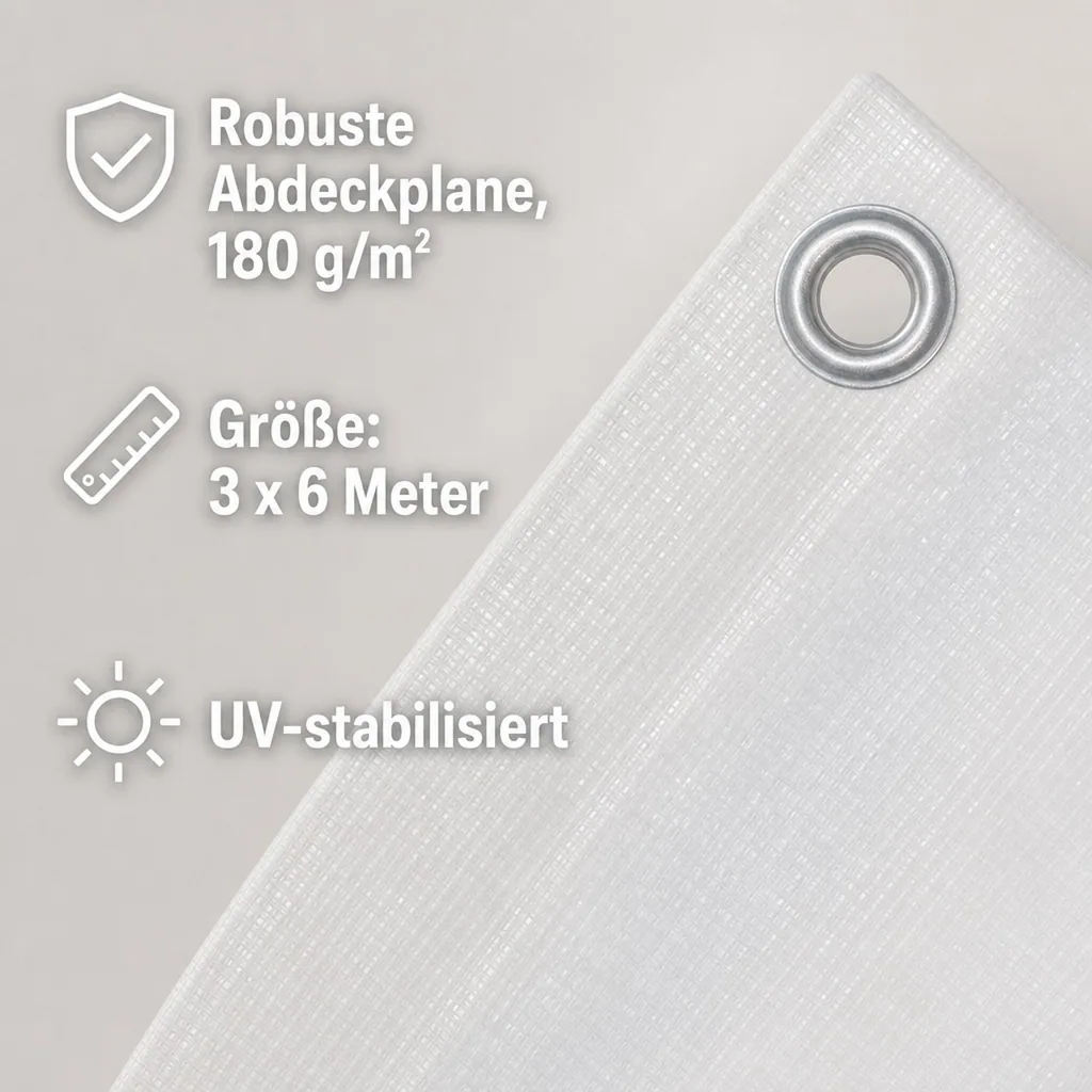 Abdeckplane 3x6m, 180 g/m², weiß, wasserdicht, reißfest, UV-beständig