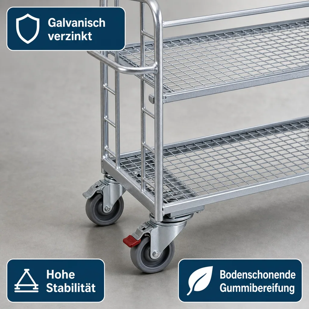 Etagenwagen, verzinkt, 2 Drahtgitterböden, 250 kg Traglast, EasySTOP