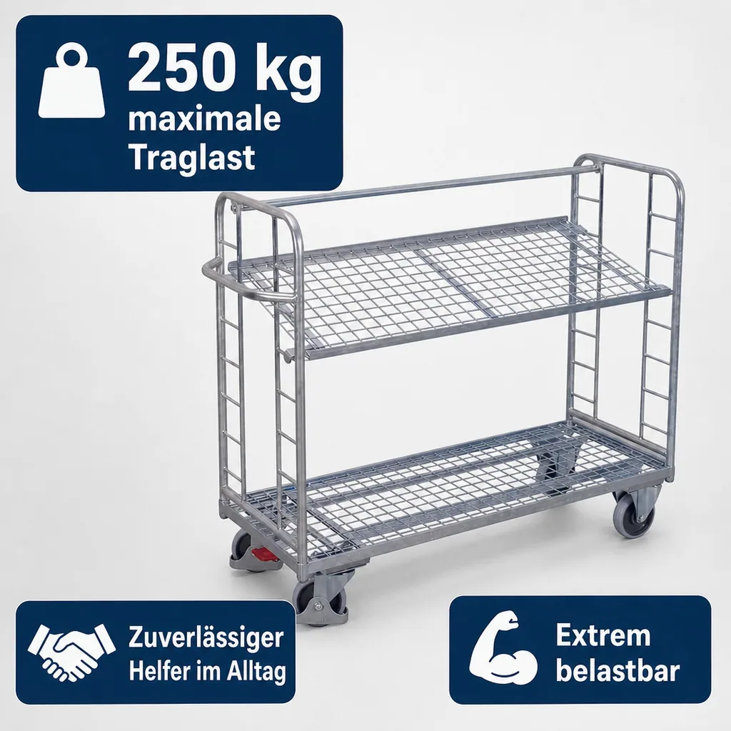 Etagenwagen, verzinkt, 2 Drahtgitterböden, 250 kg Traglast, EasySTOP