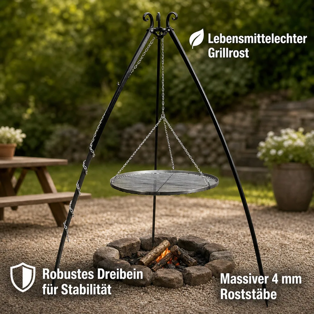 Schwenkgrill mit Dreibein, Edelstahl Grillrost 50cm, Gartengrill