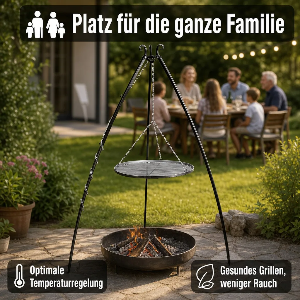 Schwenkgrill mit Dreibein, Edelstahl Grillrost 50cm, Gartengrill