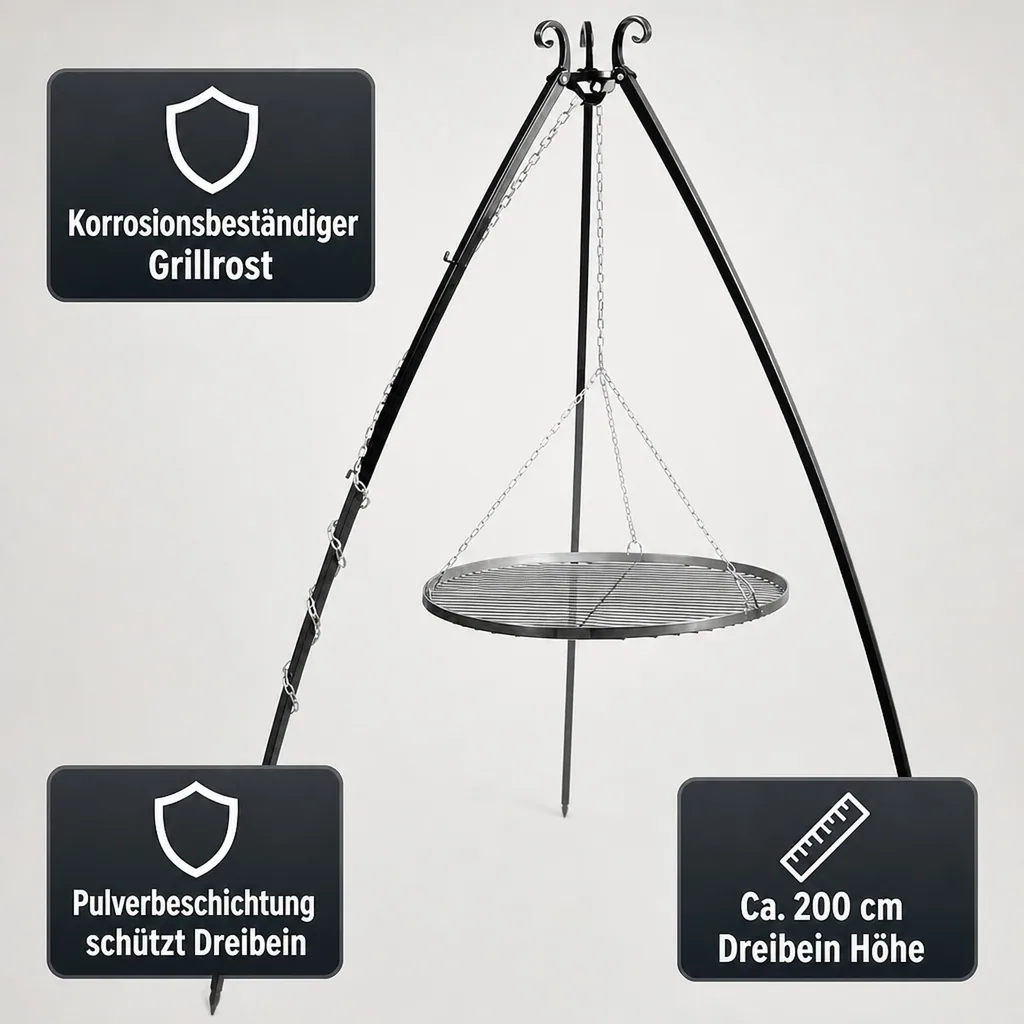 Schwenkgrill mit Dreibein, Edelstahl Grillrost 50cm, Gartengrill