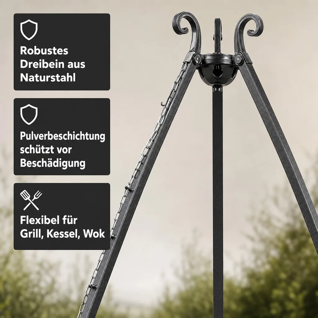 Grill Dreibein, Feuerstelle, 200 cm, Naturstahl, höhenverstellbar