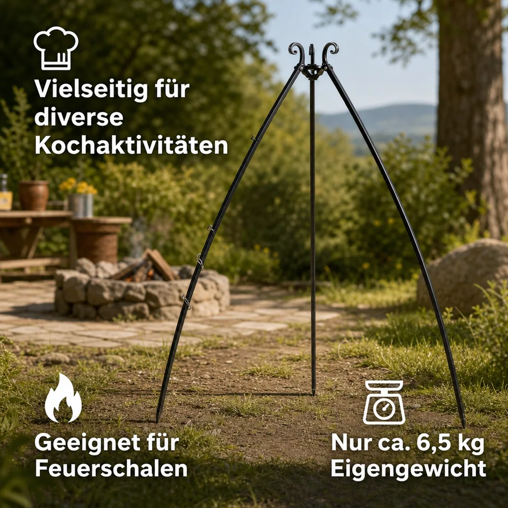Grill Dreibein, Feuerstelle, 200 cm, Naturstahl, höhenverstellbar