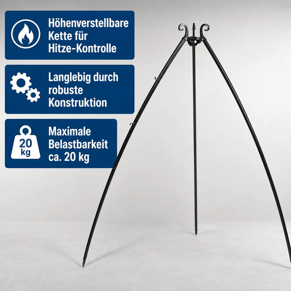 Grill Dreibein, Feuerstelle, 200 cm, Naturstahl, höhenverstellbar