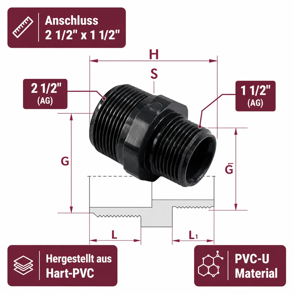 PVC - U Doppelnippel reduziert AG 2 1/2" x 1 1/2"