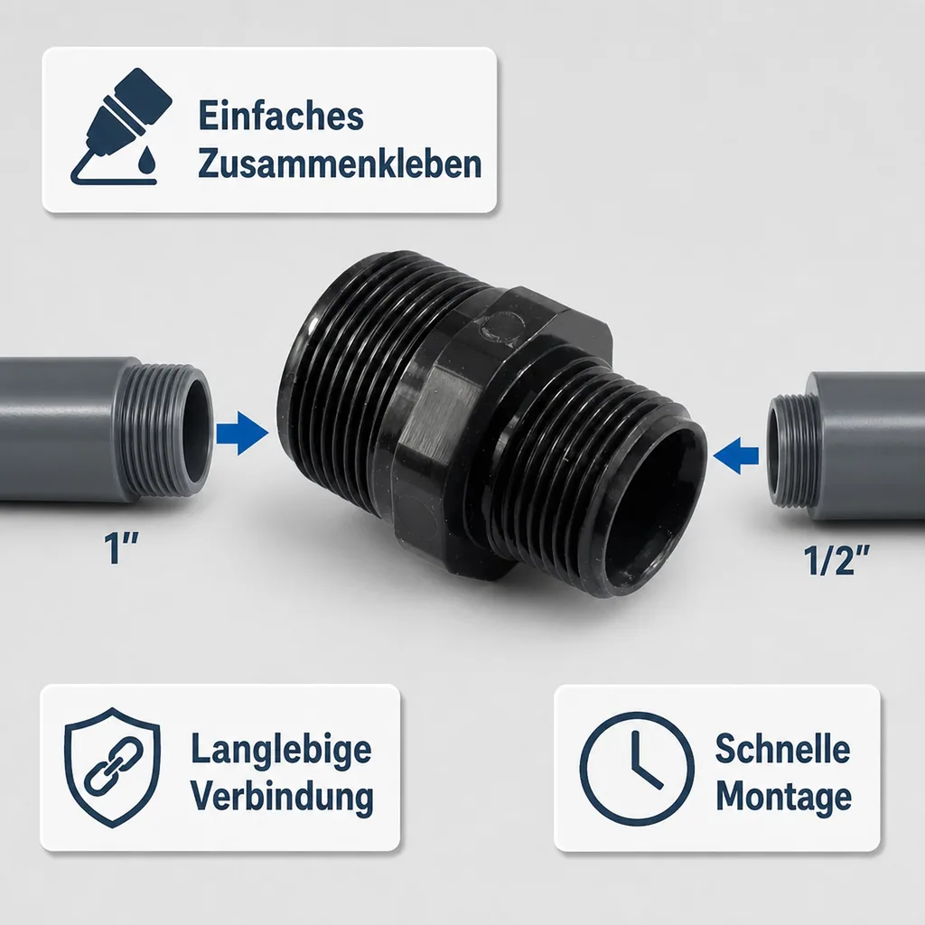 PVC - U Doppelnippel reduziert AG 1" x 1/2"