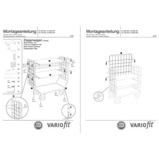 Dreiwandwagen, Transportwagen 500kg, mit 3 Böden, Typ XL, EasySTOP