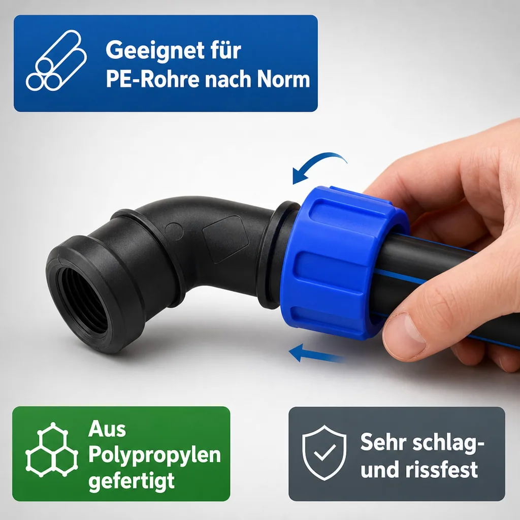 PP PE Rohr Verschraubung 90° Winkel 32 x 1/2" IG
