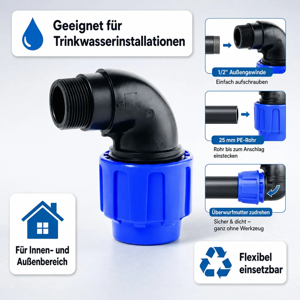 PE Rohranschluss, 90° Bogen, 25mm x 1/2" Kompressionsanschluss, Wasserrohr