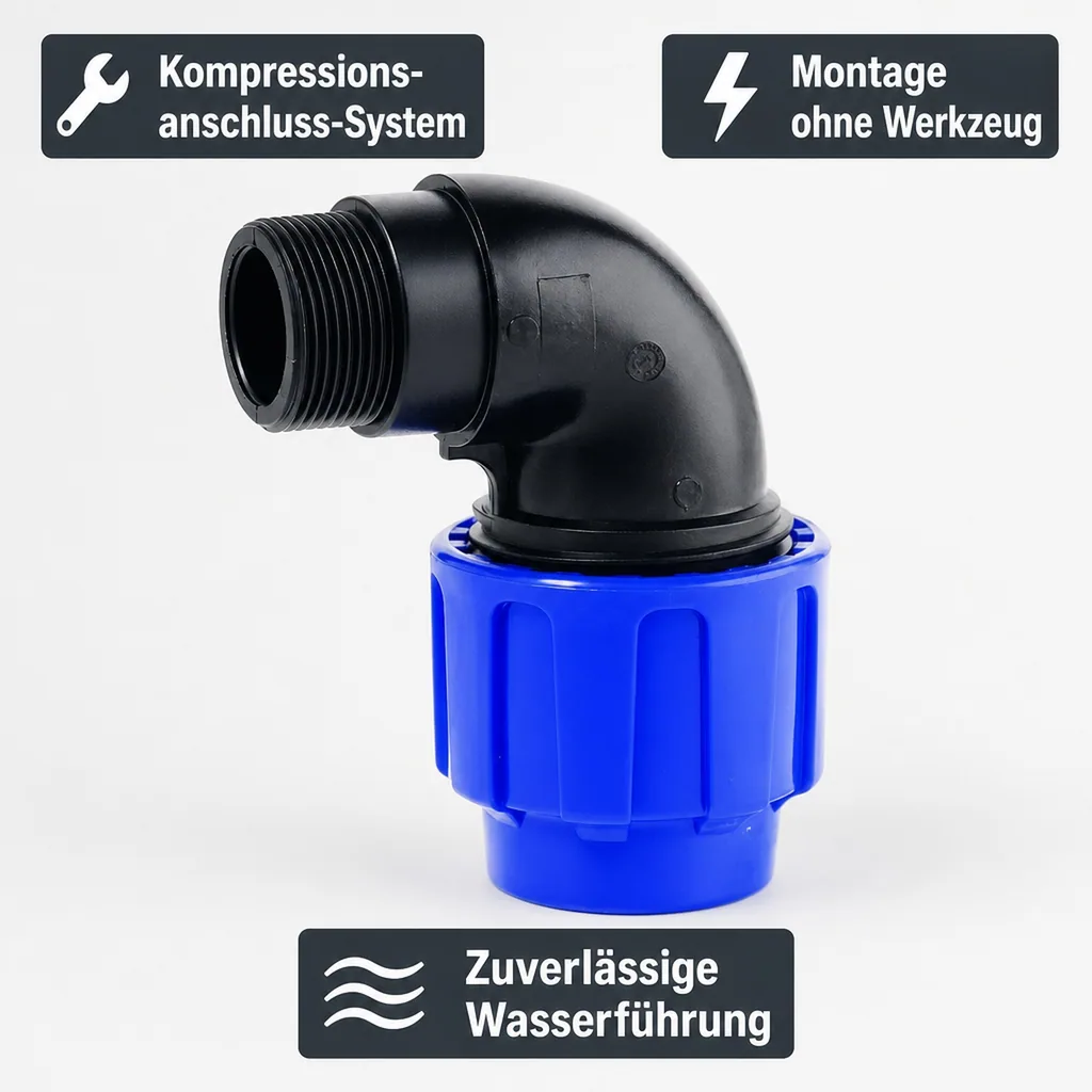 PE Rohranschluss, 90° Bogen, 25mm x 1/2" Kompressionsanschluss, Wasserrohr