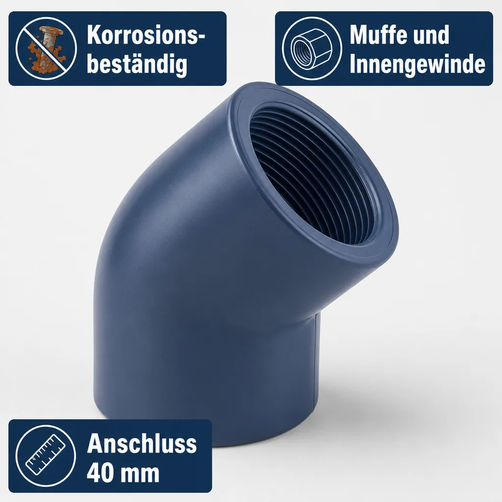 PVC Winkel 45 Grad, Muffe, IG 40 mm, PN10