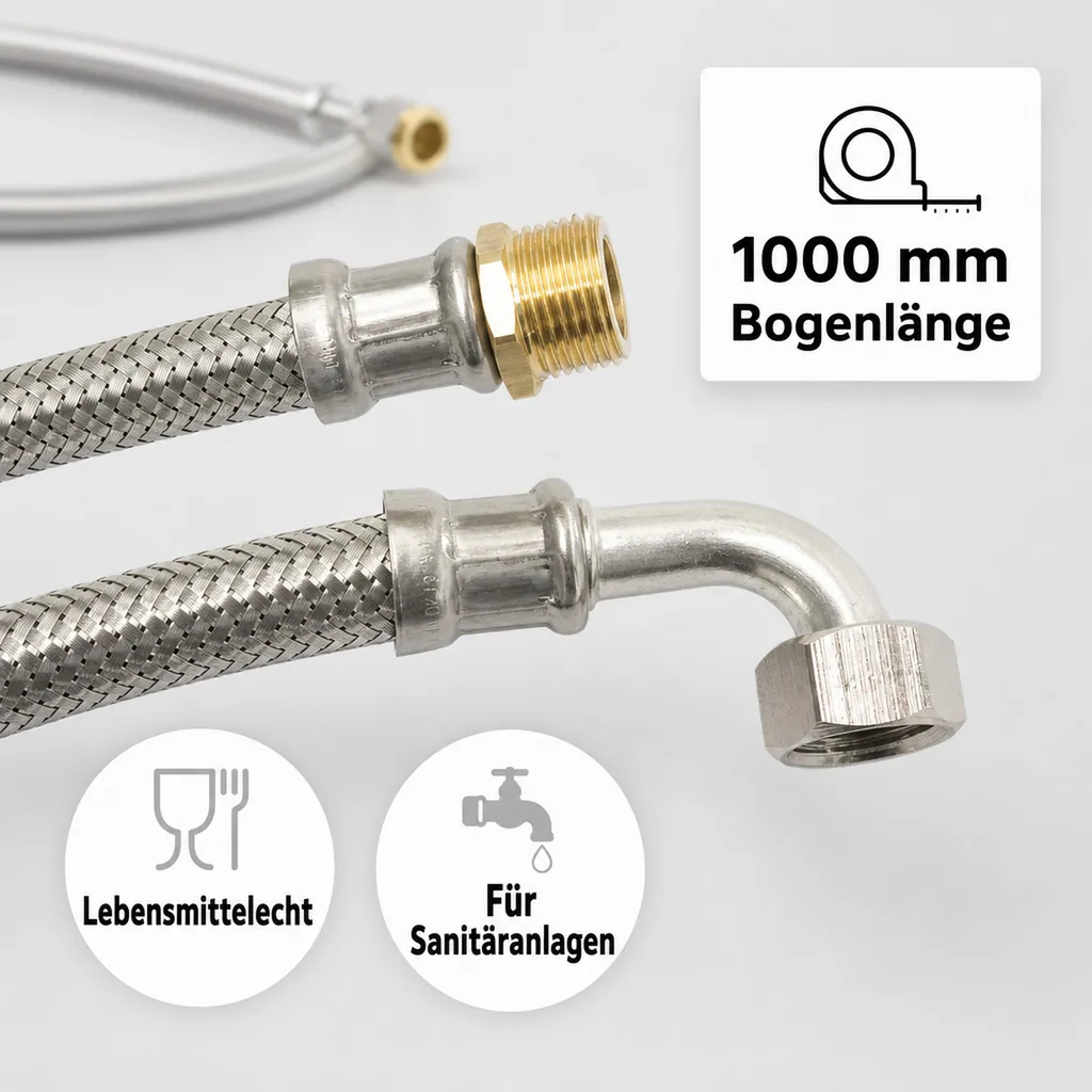 Panzerschlauch DN13 Edelstahl, Flexschlauch, 1/2 Zoll, Bogen 1000mm