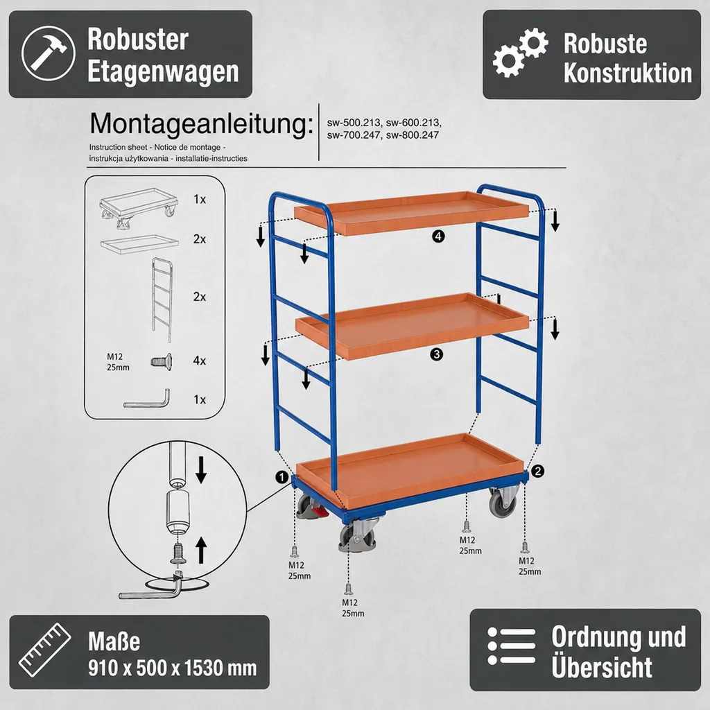 Transportwagen 250 kg, Servierwagen hoch, Etagenwagen Industrie, Tablettwagen