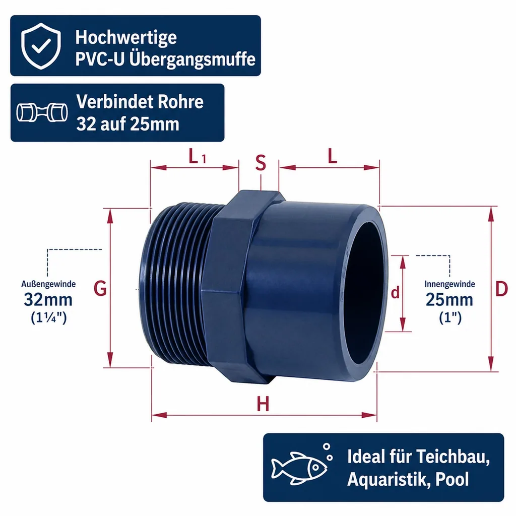 PVC Fitting, Übergangsmuffe 32-25mm, 1 Zoll