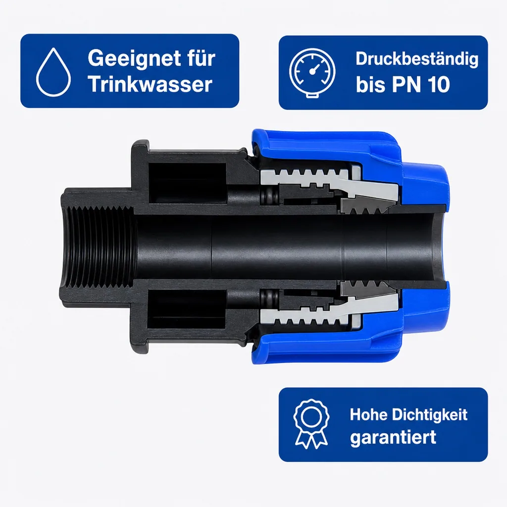 PE Rohr Verschraubung, 20mm Kupplung, 1/2" IG, PP Klemmverbinder
