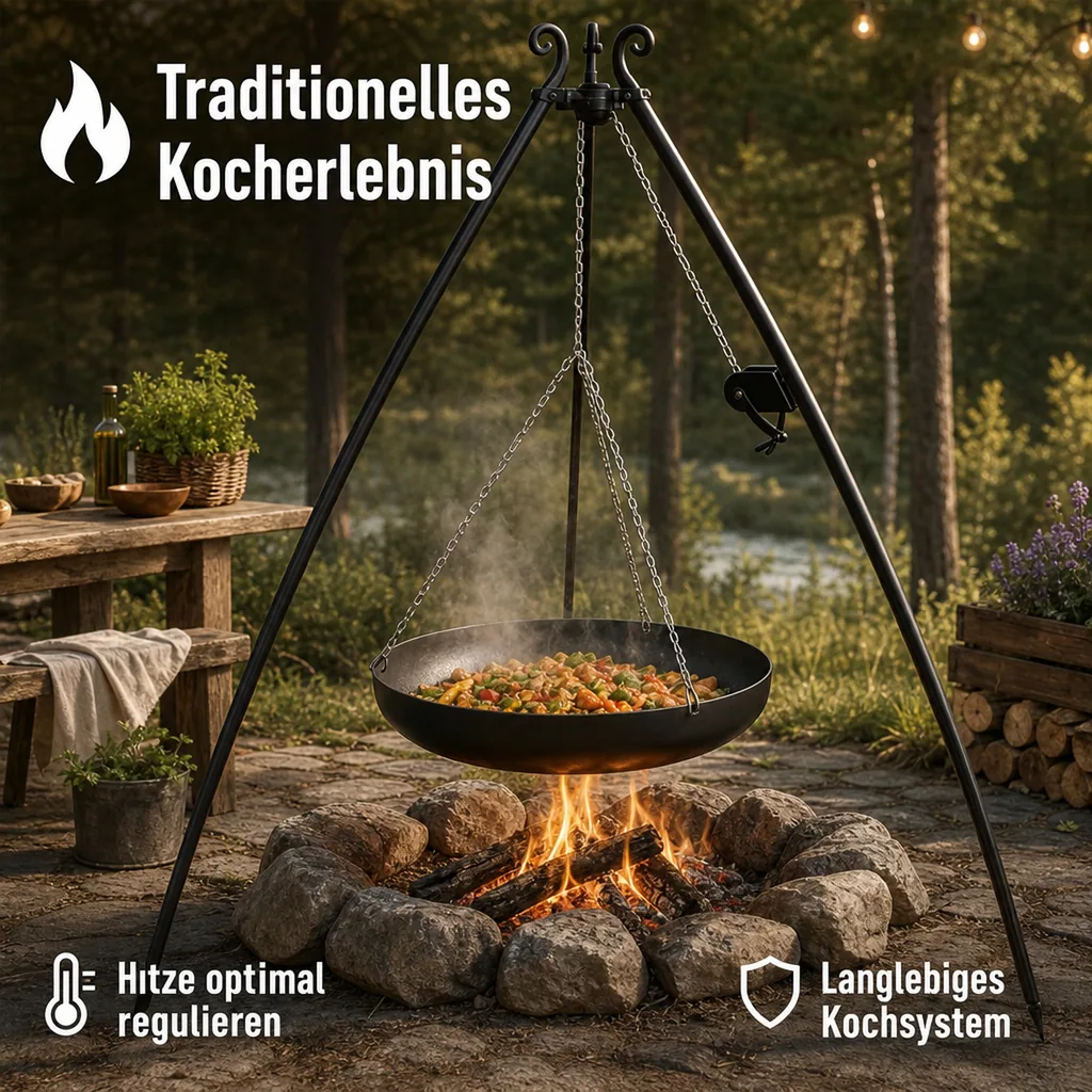 Outdoor Wok, Stahl Wok, Wok 60 cm, mit Dreibein und Kurbel