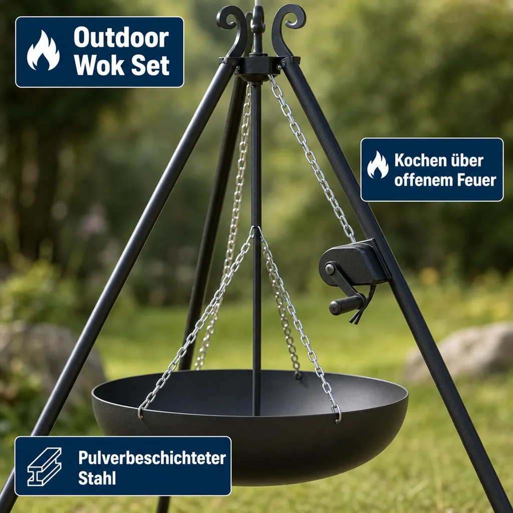 Outdoor Wok, Stahl Wok, Wok 60 cm, mit Dreibein und Kurbel