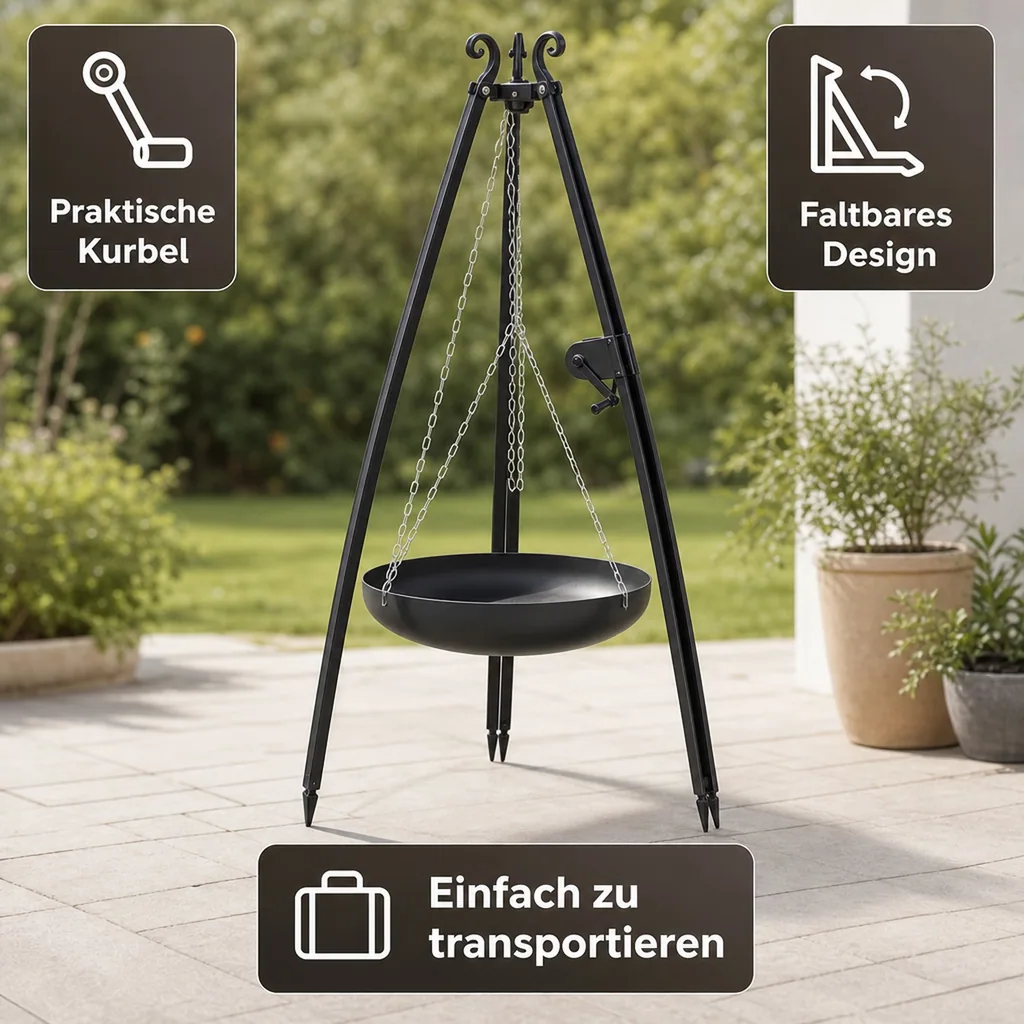 Outdoor Wok, Stahl Wok, Wok 60 cm, mit Dreibein und Kurbel