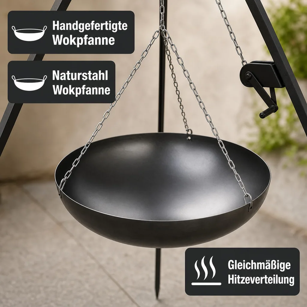 Outdoor Wok, Stahl Wok, Wok 60 cm, mit Dreibein und Kurbel