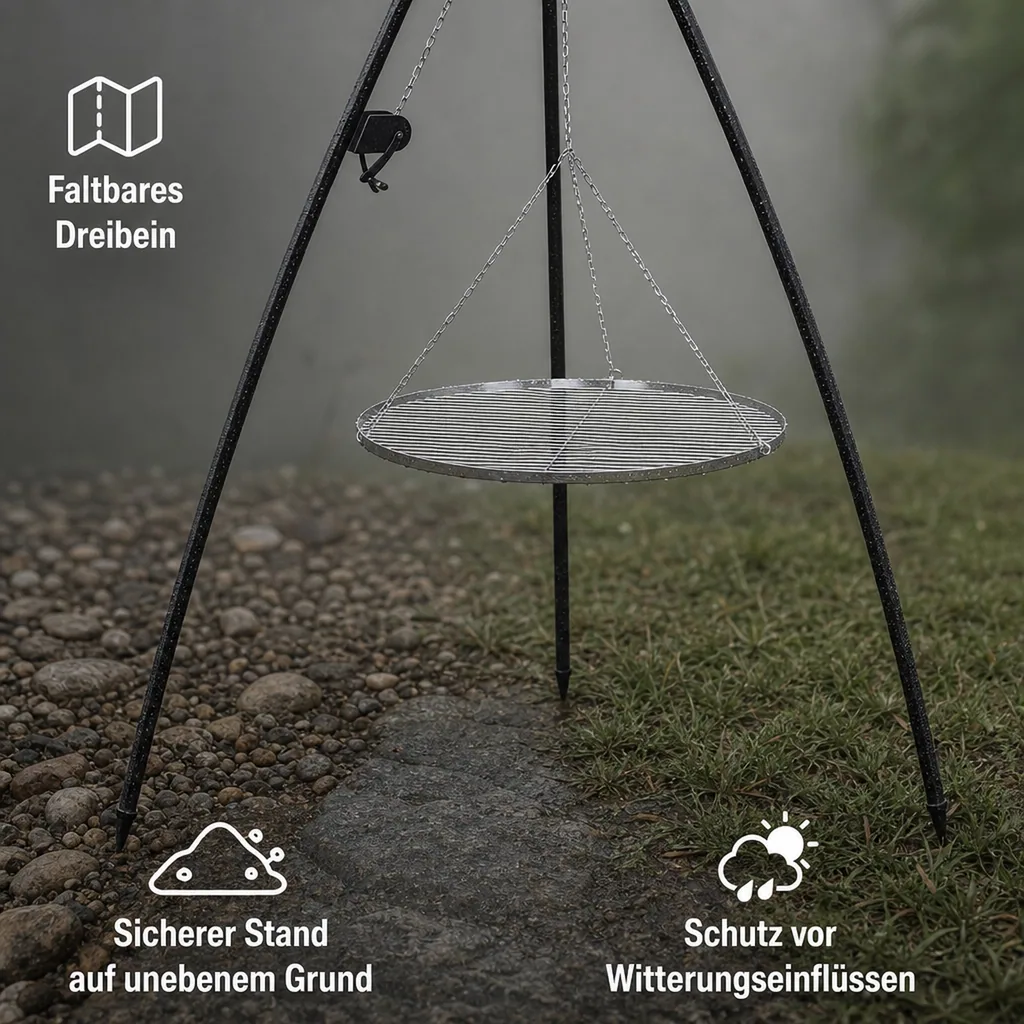 Schwenkgrill mit Dreibein, Edelstahl Grillrost 70 cm, 200 cm, mit Kurbel